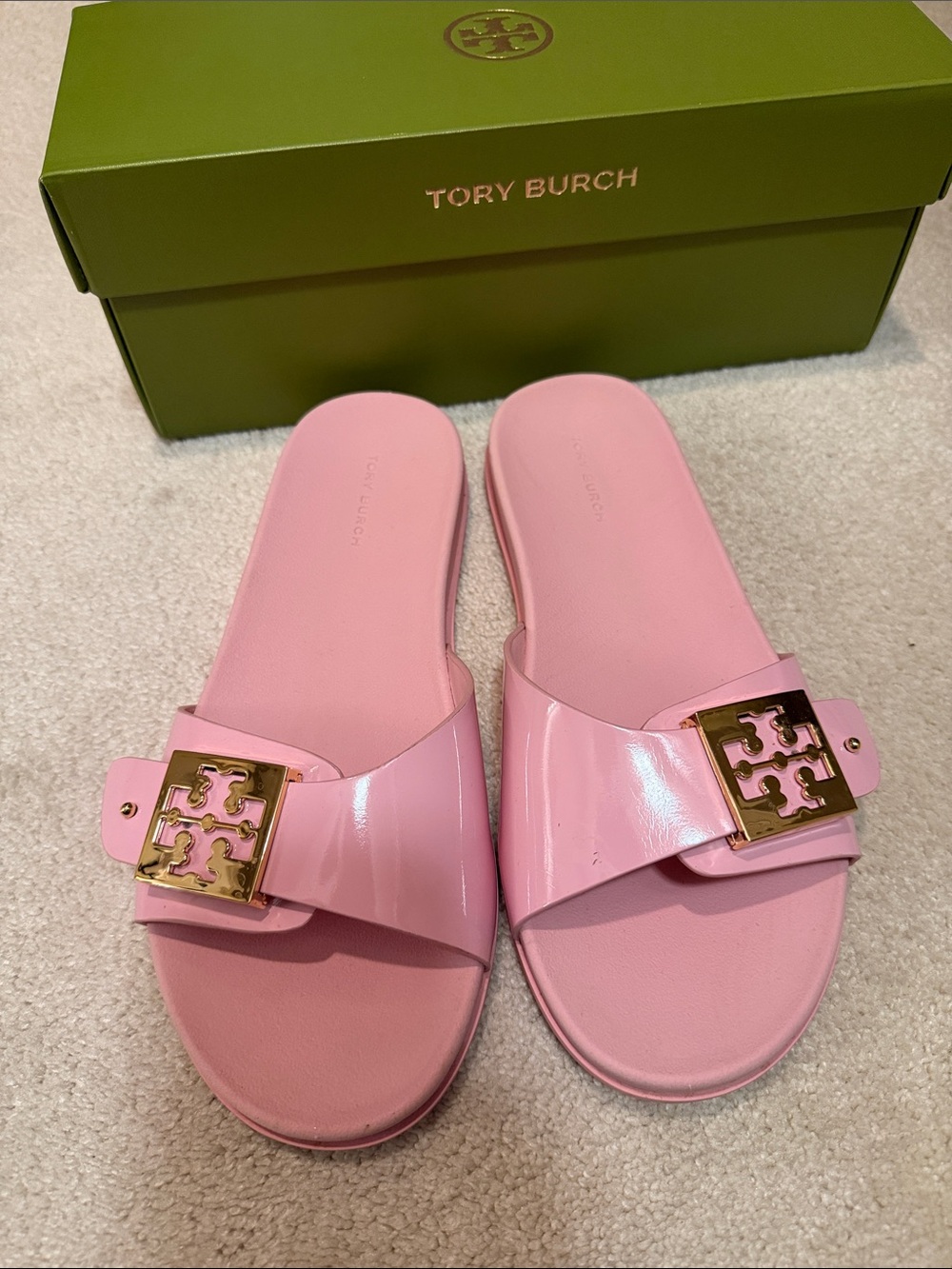 Tory Burch Pink Patent Logo Slide Sandals with Gold Emblem